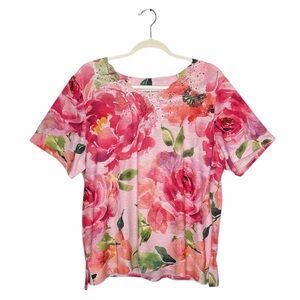 ALFRED DUNNER WOMENS PINK FLORAL SHORT SLEEVE TOP GEMS AROUND NECK SIZE XL